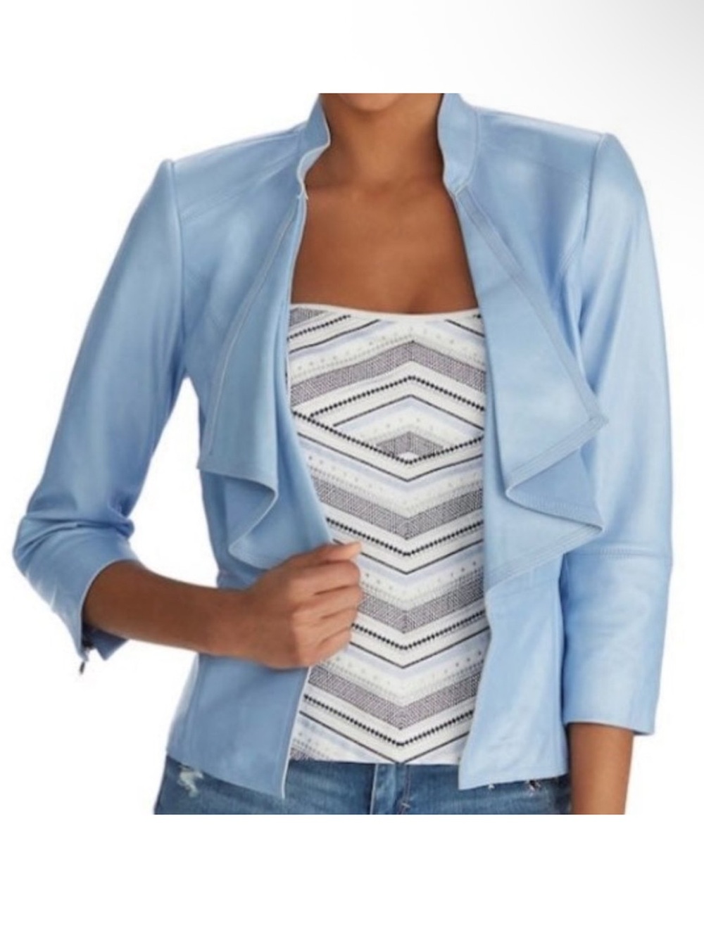 White House black market pale blue 100% leather ruffle jacket coat size M